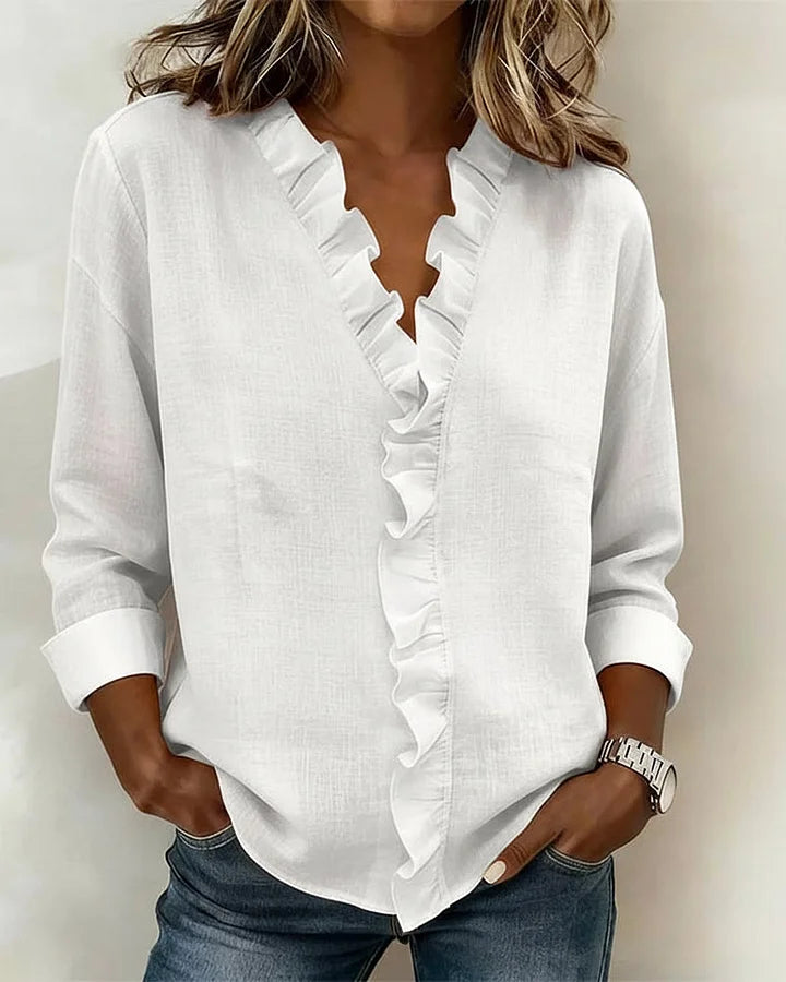 Linda | Ruffled Blouse with V-Neck and Long Sleeves