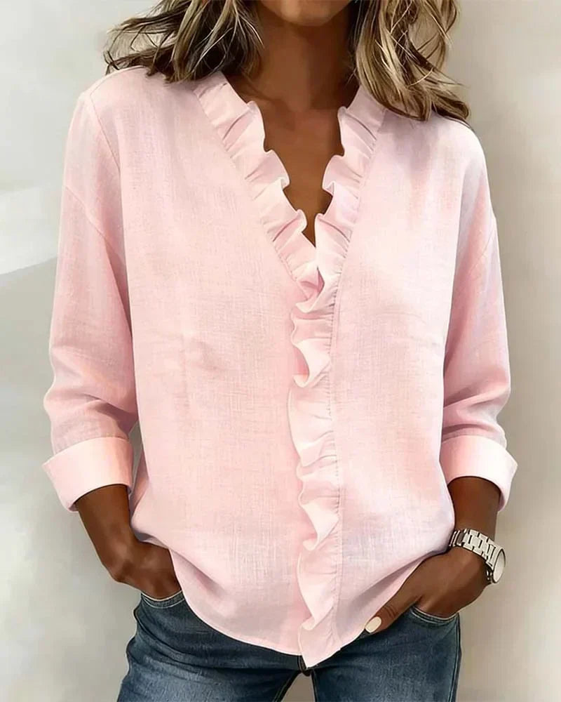 Linda | Ruffled Blouse with V-Neck and Long Sleeves