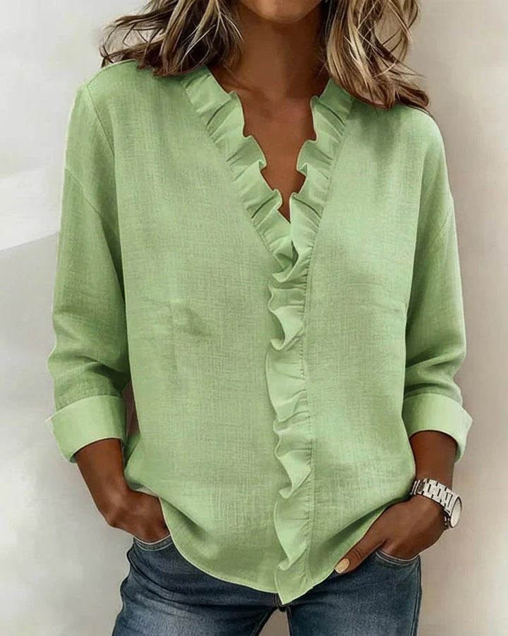 Linda | Ruffled Blouse with V-Neck and Long Sleeves