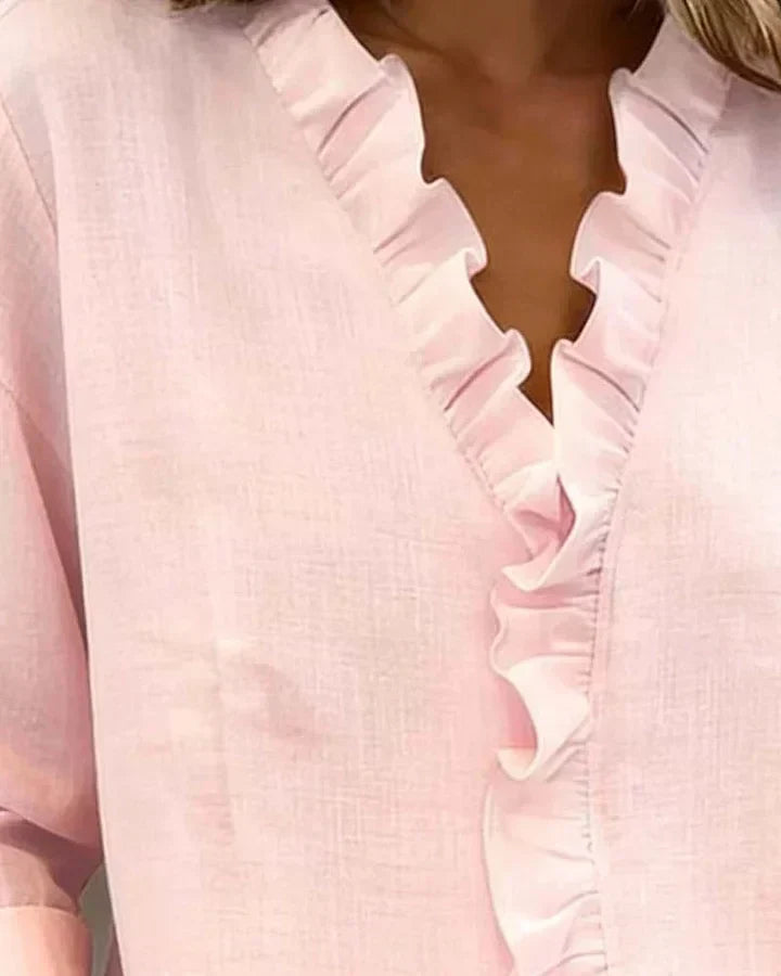 Linda | Ruffled Blouse with V-Neck and Long Sleeves