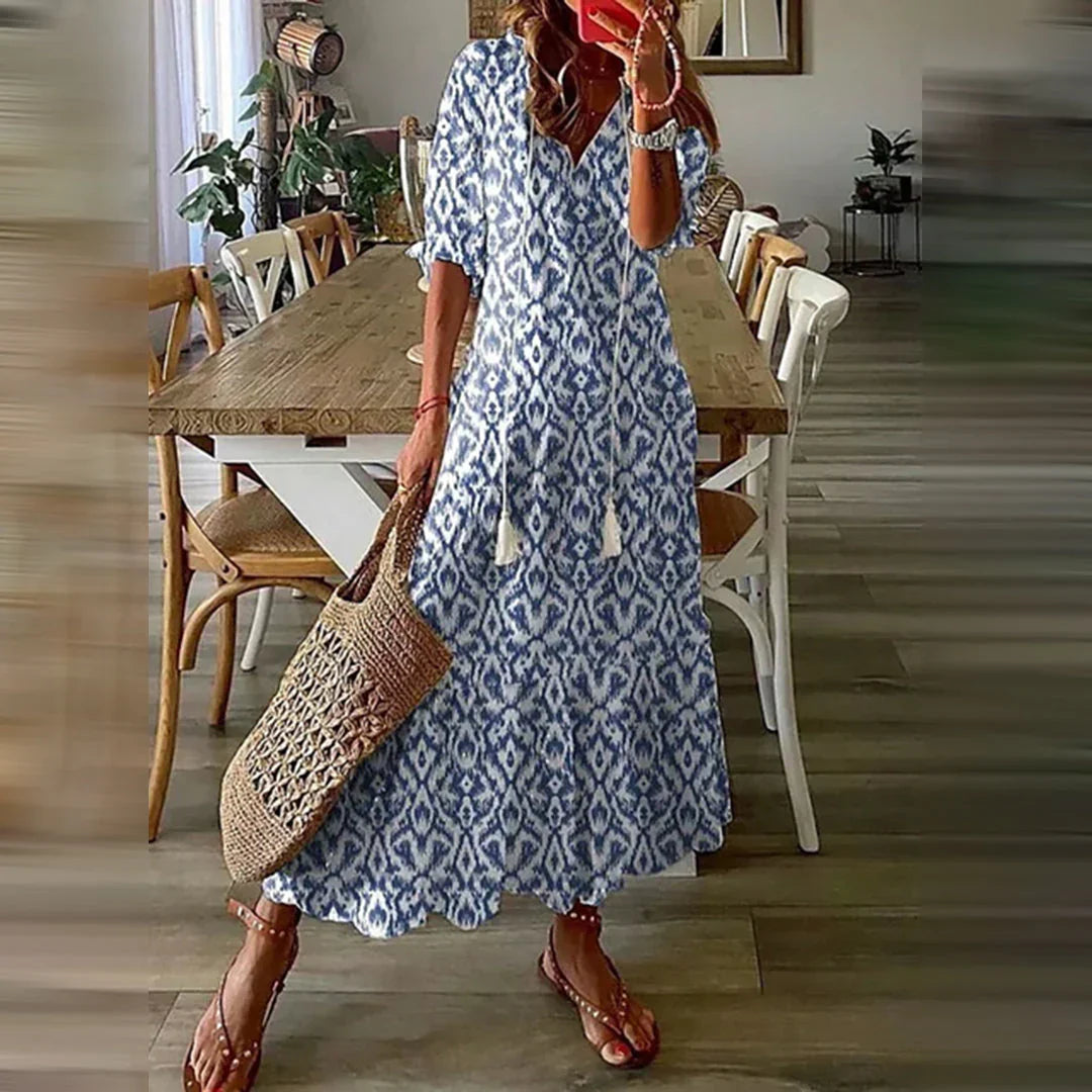 Brenda - Vintage Boho Summer Dress with V-Neck