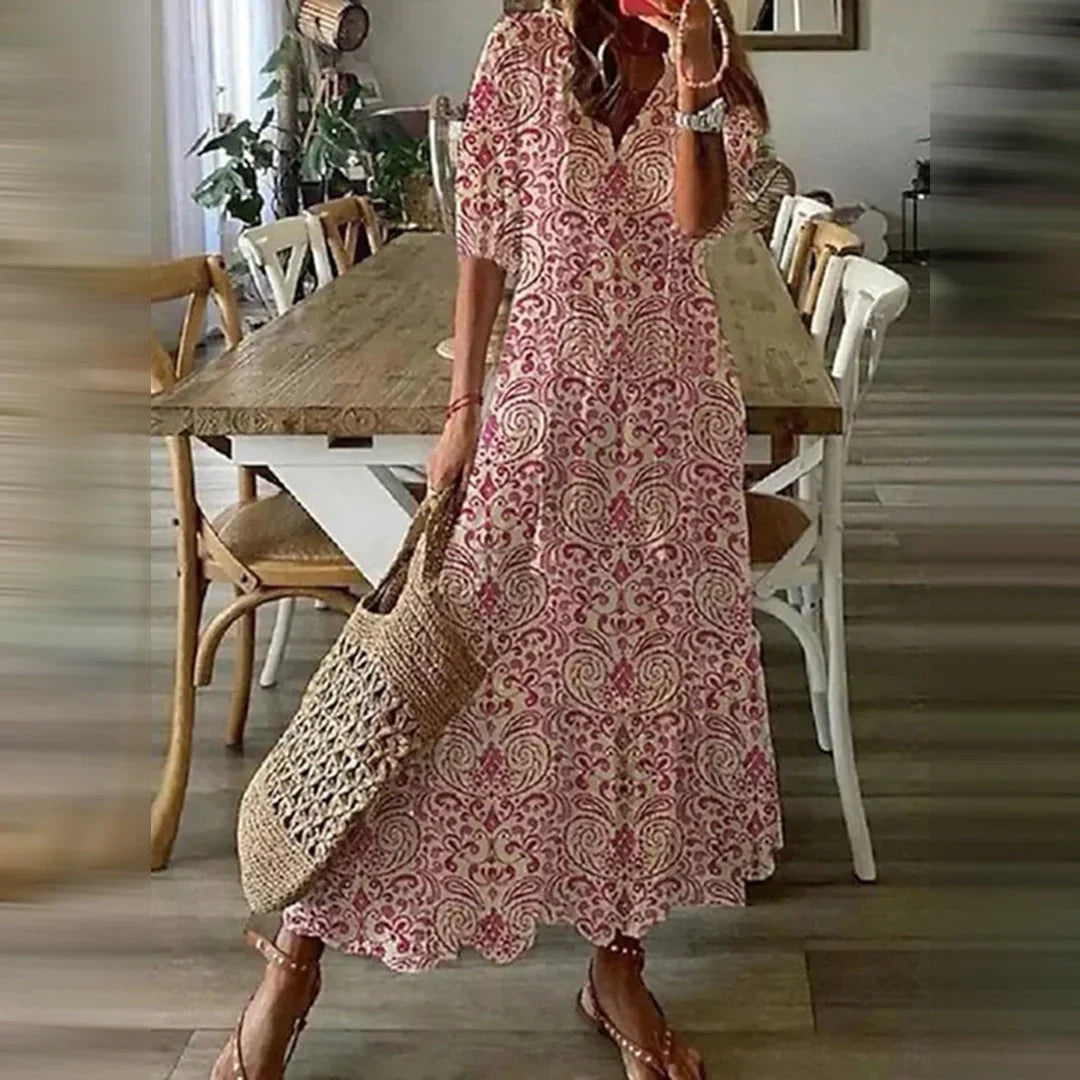 Brenda - Vintage Boho Summer Dress with V-Neck