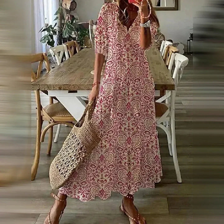 Brenda - Vintage Boho Summer Dress with V-Neck