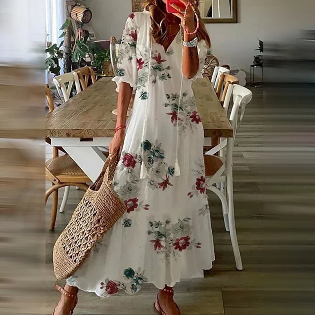 Brenda - Vintage Boho Summer Dress with V-Neck