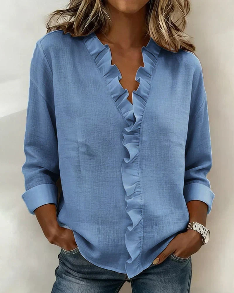 Linda | Ruffled Blouse with V-Neck and Long Sleeves